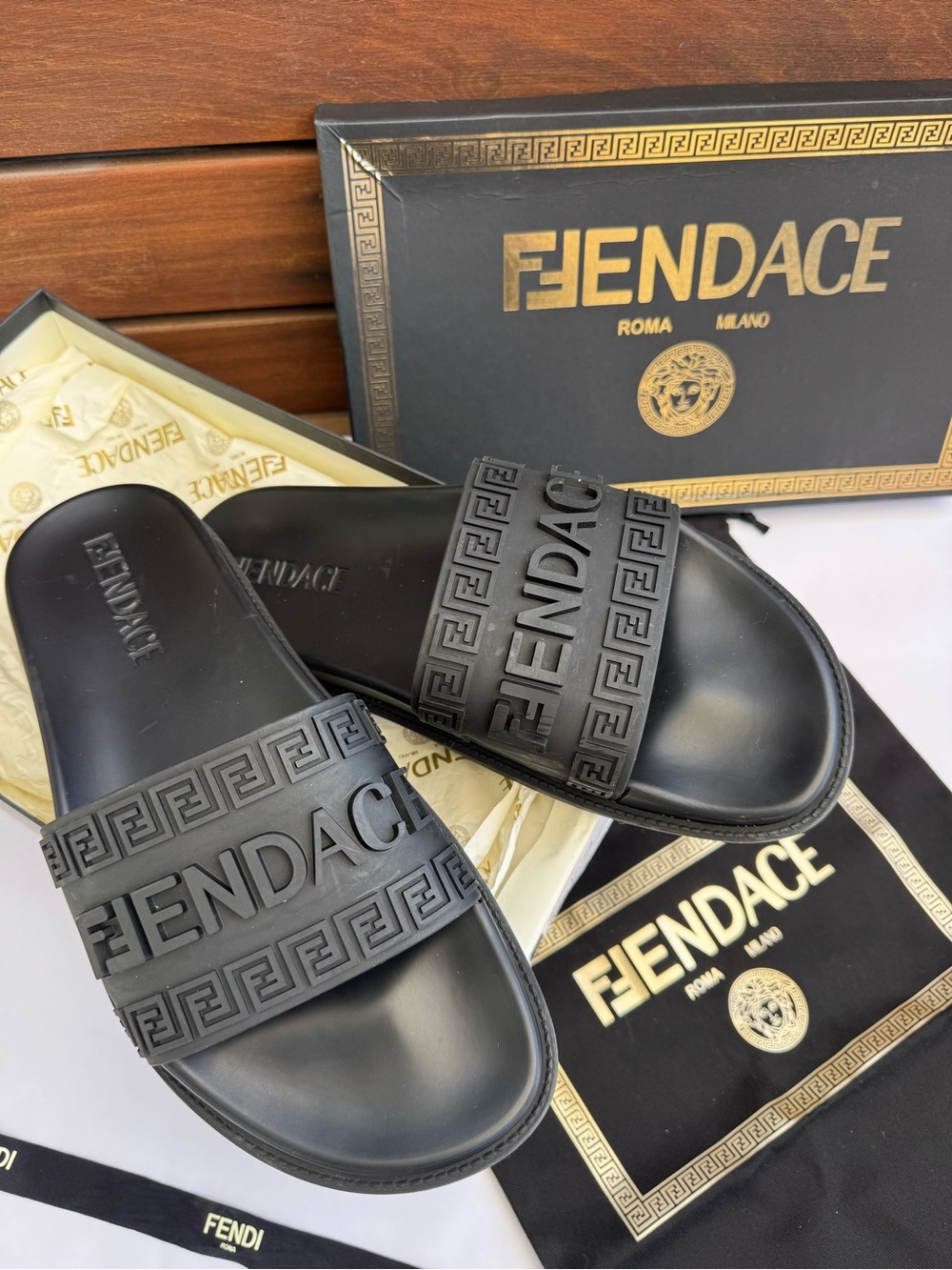 FENDACE x FENDI Versace Men’s Black Rubber Logo Slide Sandals Size 10 w/ Box